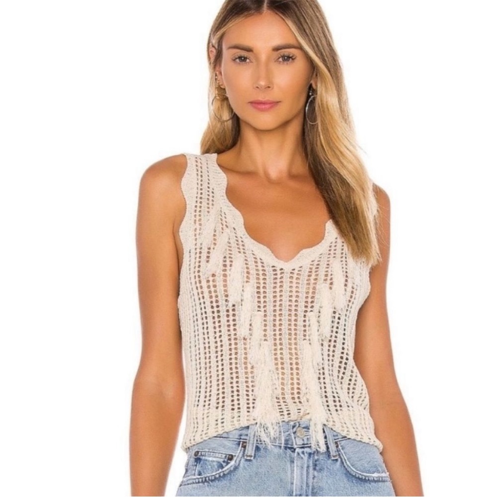 Line & Dot | Cream Neutral Getaway Fringe Open Knit Tank
